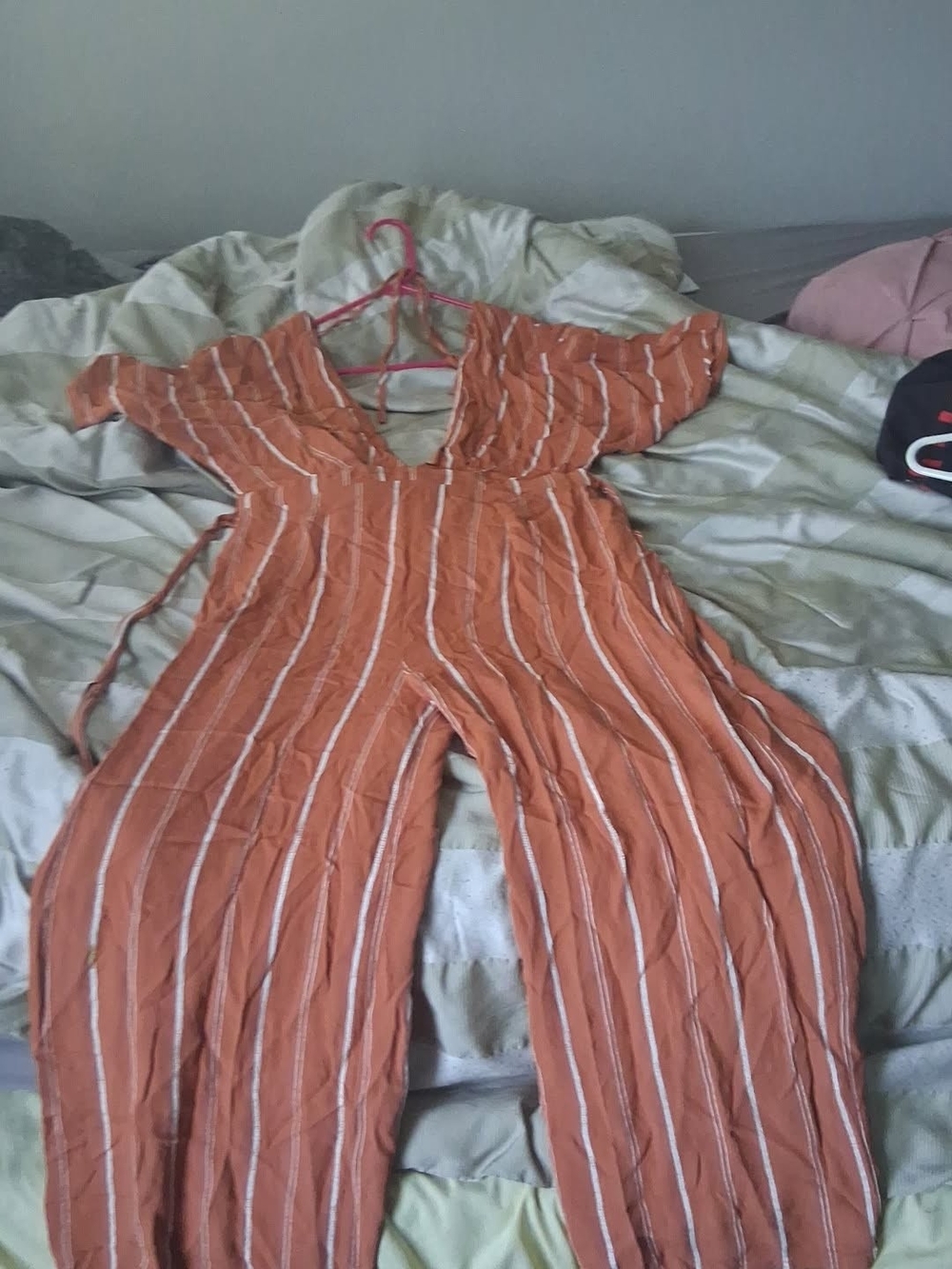 Rust Striped Off-Shoulder Jumpsuit